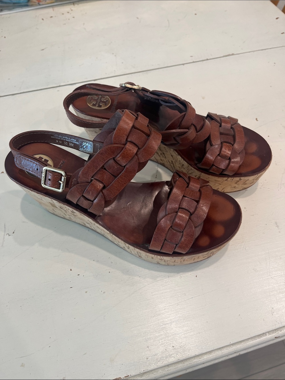 Tory Burch Cognac Braided Leather Cork Wedge Sandals